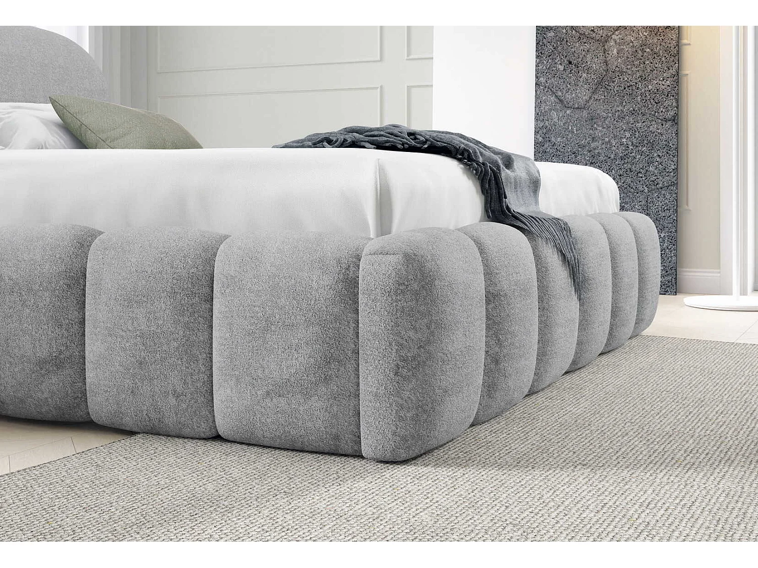 Tweepersoonsbed 160x200 cm Noemi met metalen bedframe, afgerond hoofdbord en opbergruimte, Lichtgrijs