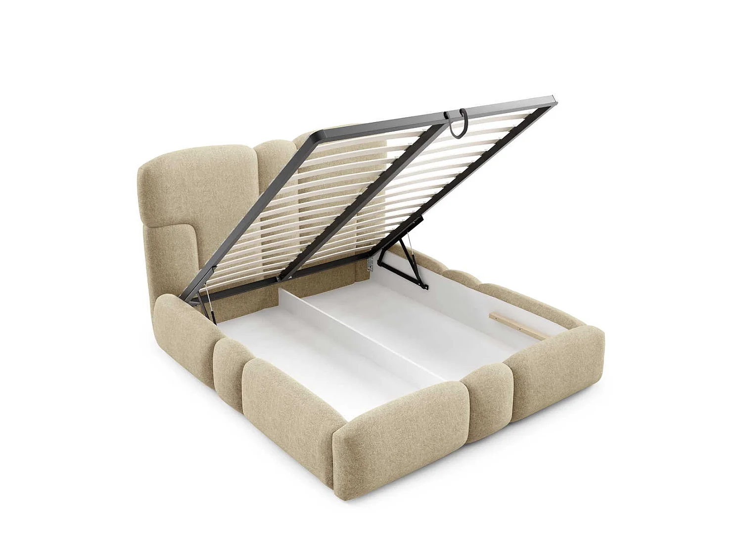 Gestoffeerd bed 140x200 cm Safron met LED, opbergruimte en metalen bedframe, tweepersoonsbed, chenille, Beige