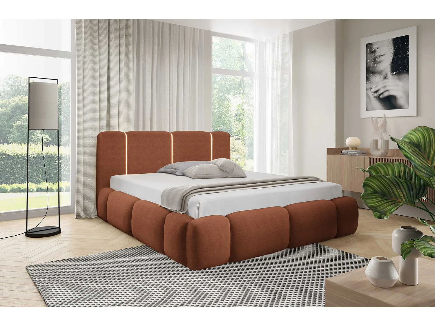 Gestoffeerd wolkenbed 200x200 cm Avelin met LED, metalen bedframe en opbergruimte, Oranje