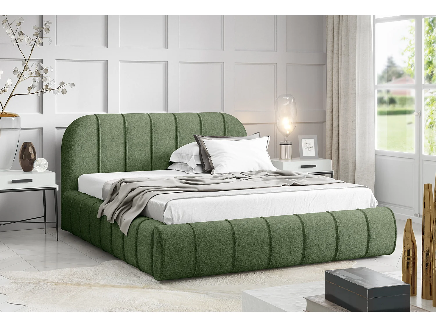 Modern bed 160x200 cm Lunea met afgerond hoofdbord, dik schuim en metalen bedframe, Groen