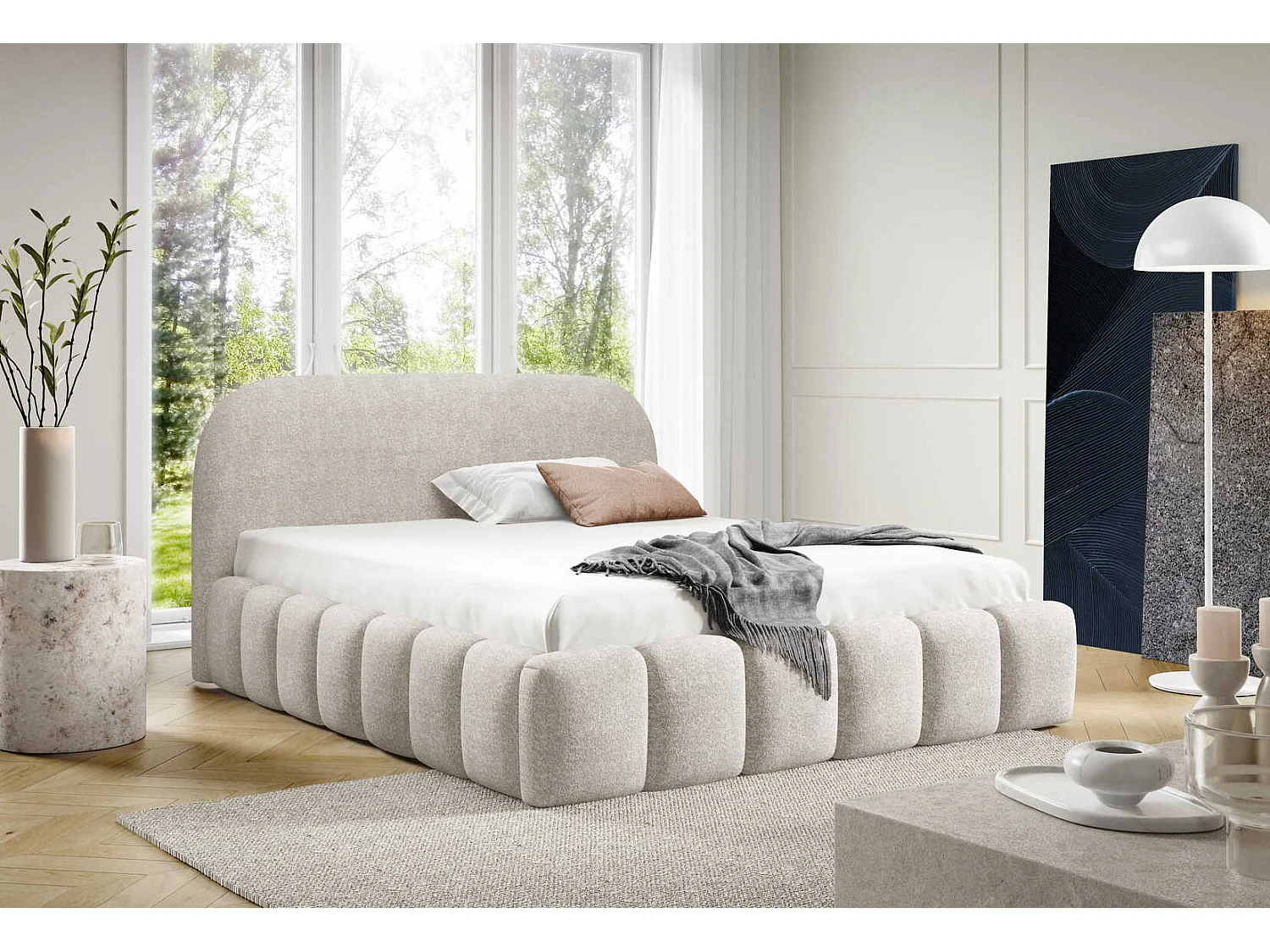 Lit double 180x200 cm Noemi avec sommier métallique, tête de lit arrondie et coffre de rangement, Crème