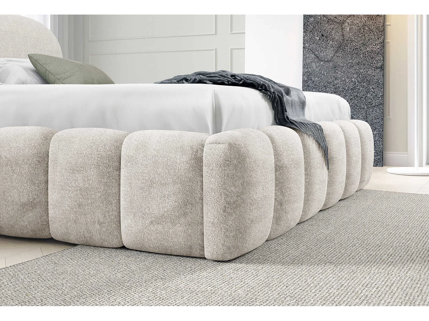 Lit double 180x200 cm Noemi avec sommier métallique, tête de lit arrondie et coffre de rangement, Crème