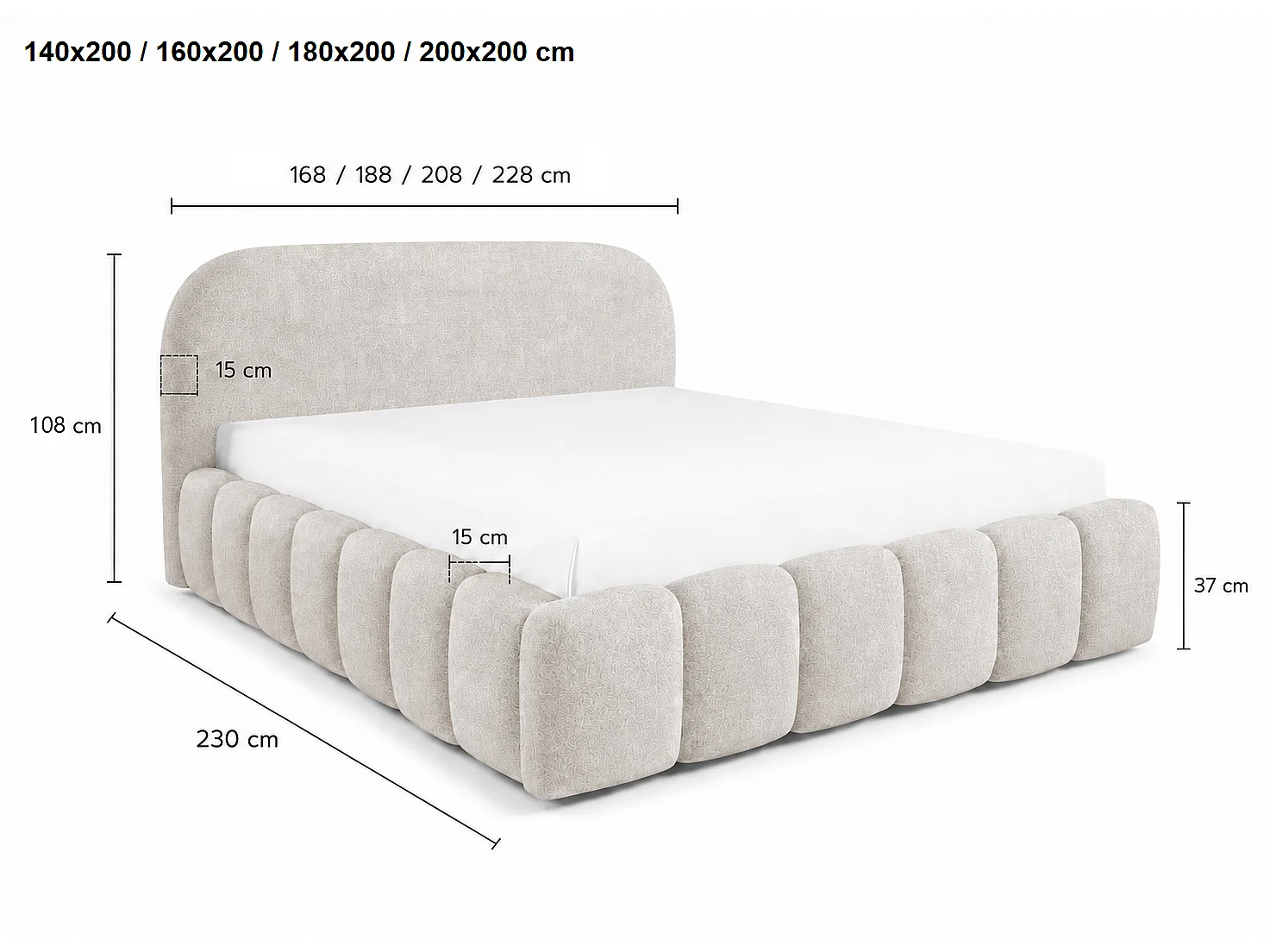 Lit double 180x200 cm Noemi avec sommier métallique, tête de lit arrondie et coffre de rangement, Crème