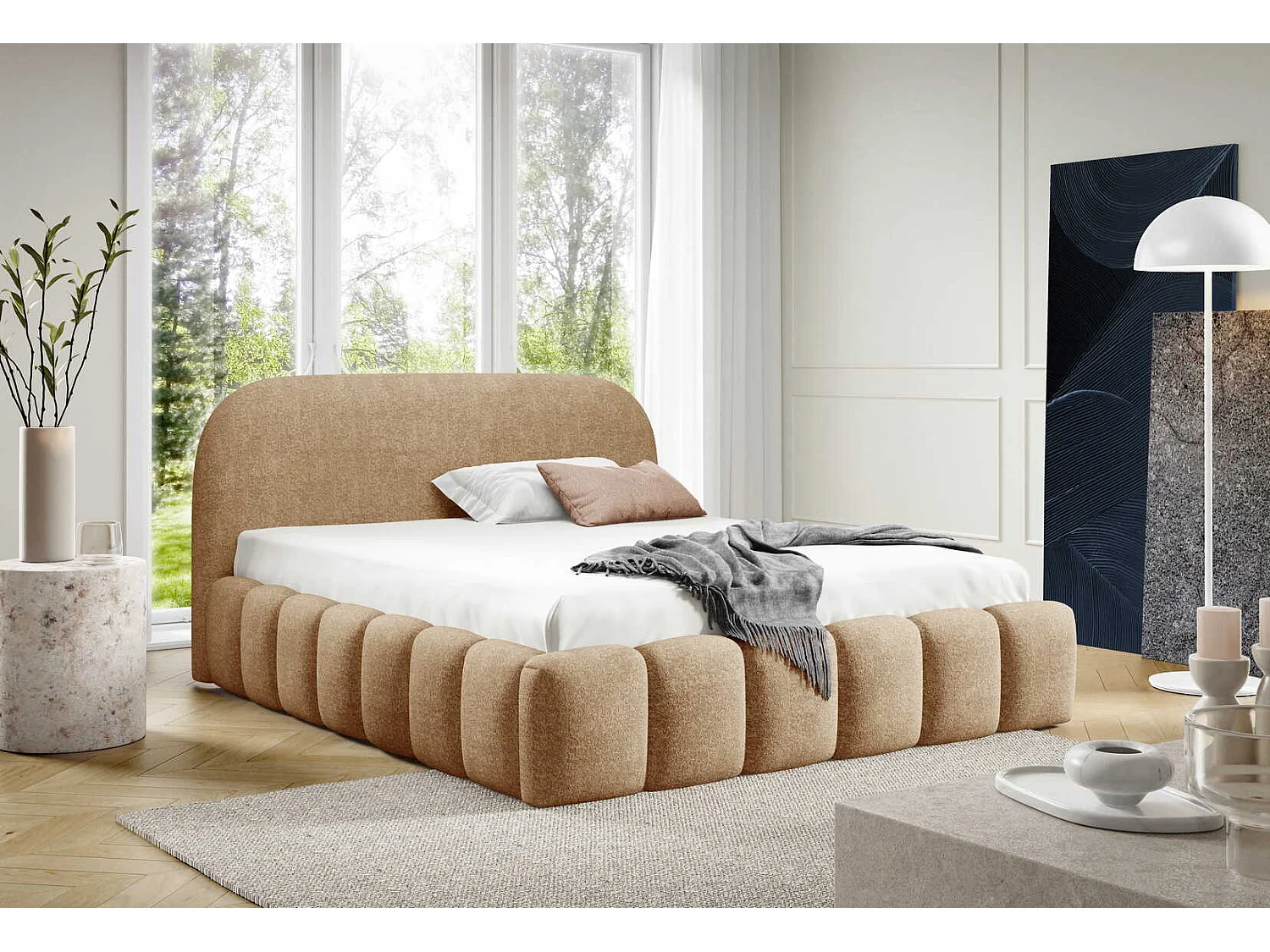 Lit double 200x200 cm Noemi avec sommier métallique, tête de lit arrondie et coffre de rangement, Beige