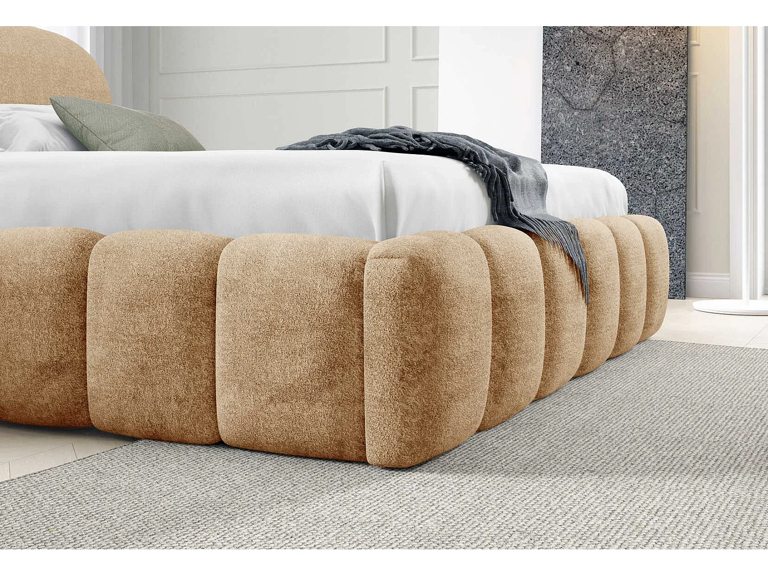 Lit double 200x200 cm Noemi avec sommier métallique, tête de lit arrondie et coffre de rangement, Beige