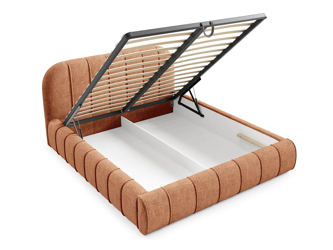 Modern bed 200x200 cm Lunea met afgerond hoofdbord, dik schuim en metalen bedframe, Oranje