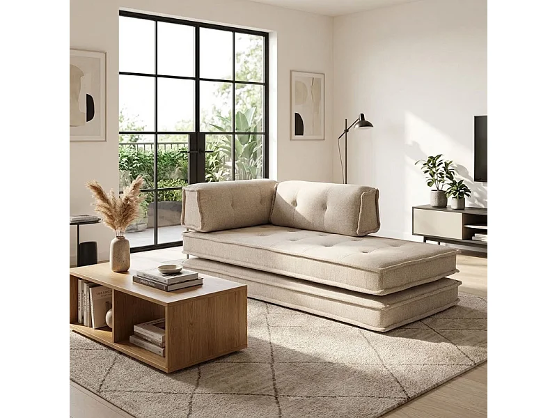Canapé style futon 2 étages 3pl convertible tissu doux beige – ANNIE