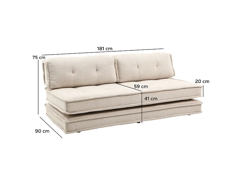 Canapé style futon 2 étages 3pl convertible tissu doux beige – ANNIE