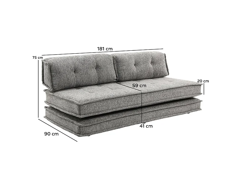 Canapé style futon 2 étages 3pl convertible tissu doux gris – ANNIE