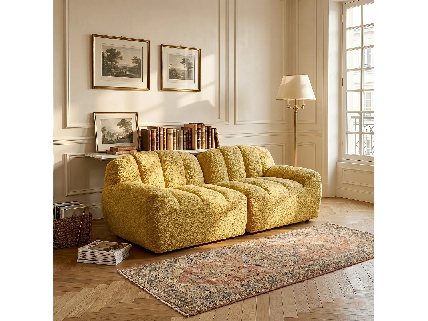 Canapé modulable 2 places jaune moutard, tissu polaire capitonné