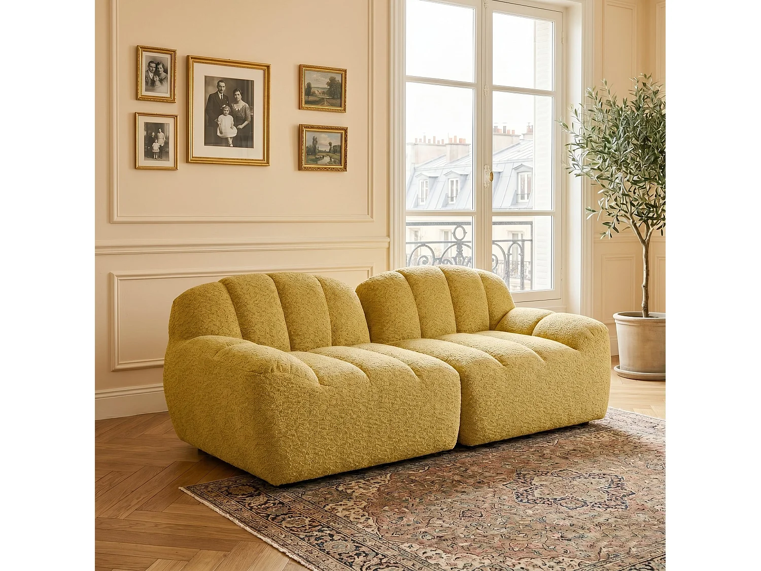 Canapé modulable 2 places jaune moutard, tissu polaire capitonné