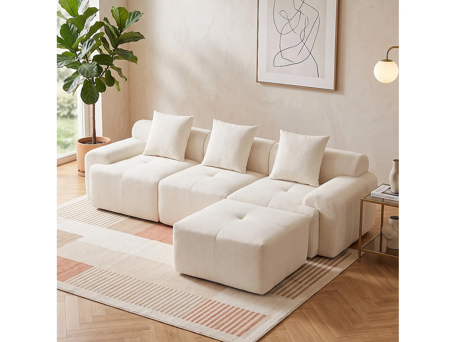 Canapé modulable 3 places en chenille beige bouclette texturée