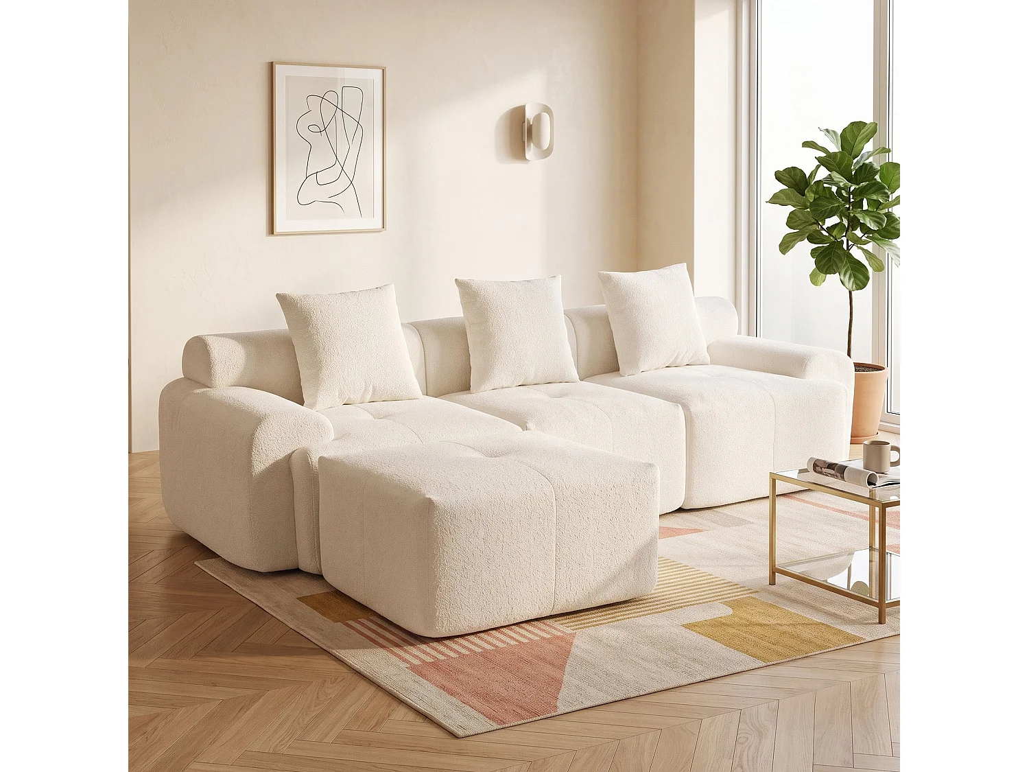 Canapé modulable 3 places en chenille beige bouclette texturée