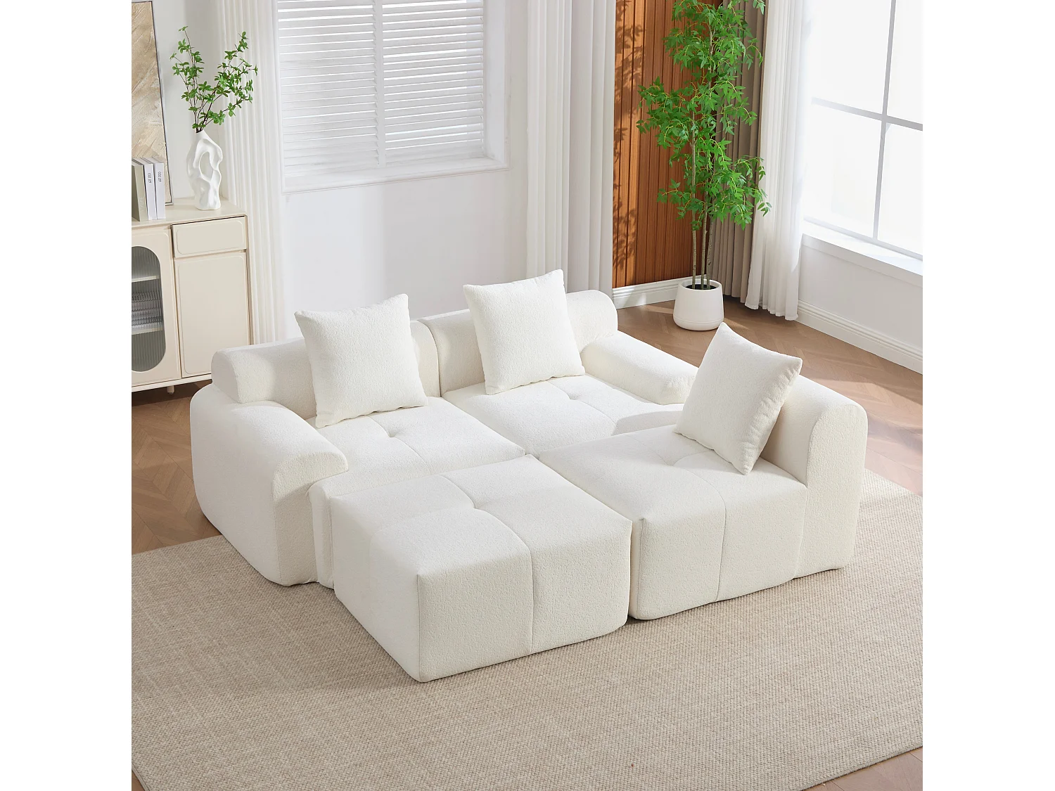 Canapé modulable 3 places en chenille beige bouclette texturée