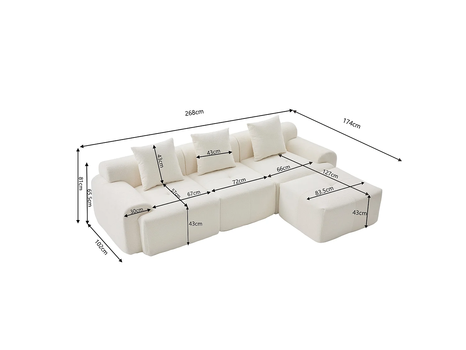 Canapé modulable 3 places en chenille beige bouclette texturée
