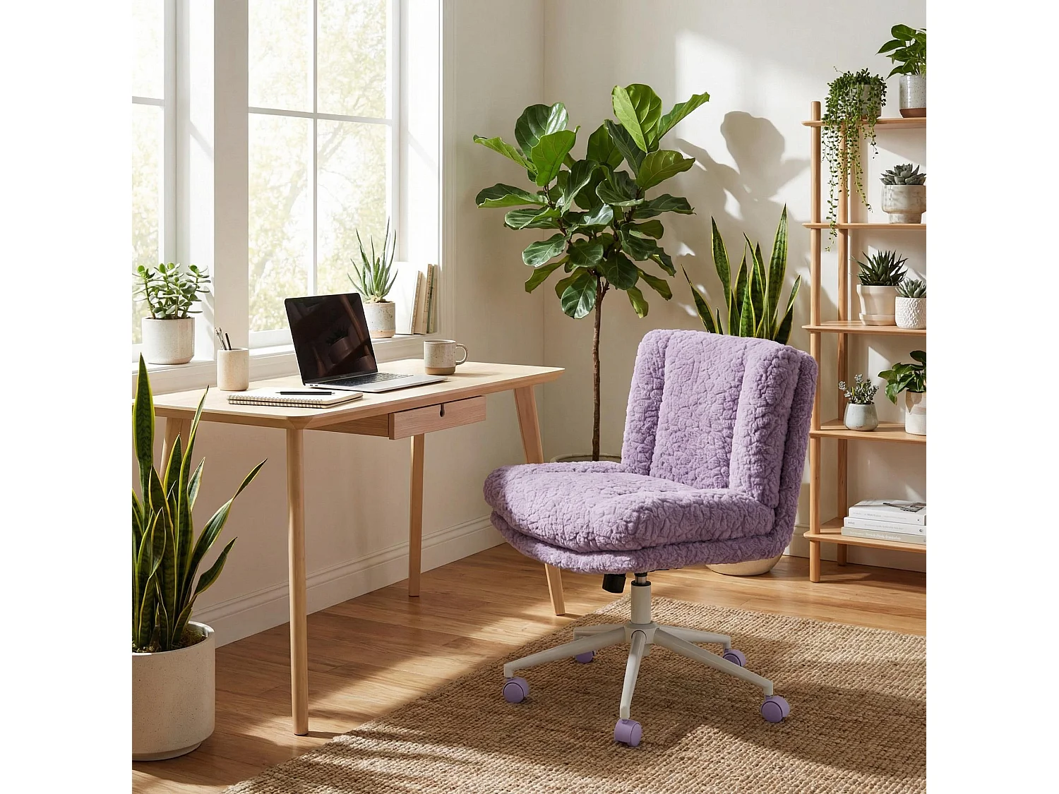 Chaise de bureau large fausse fourrure violette, pivotante et réglable, style cosy