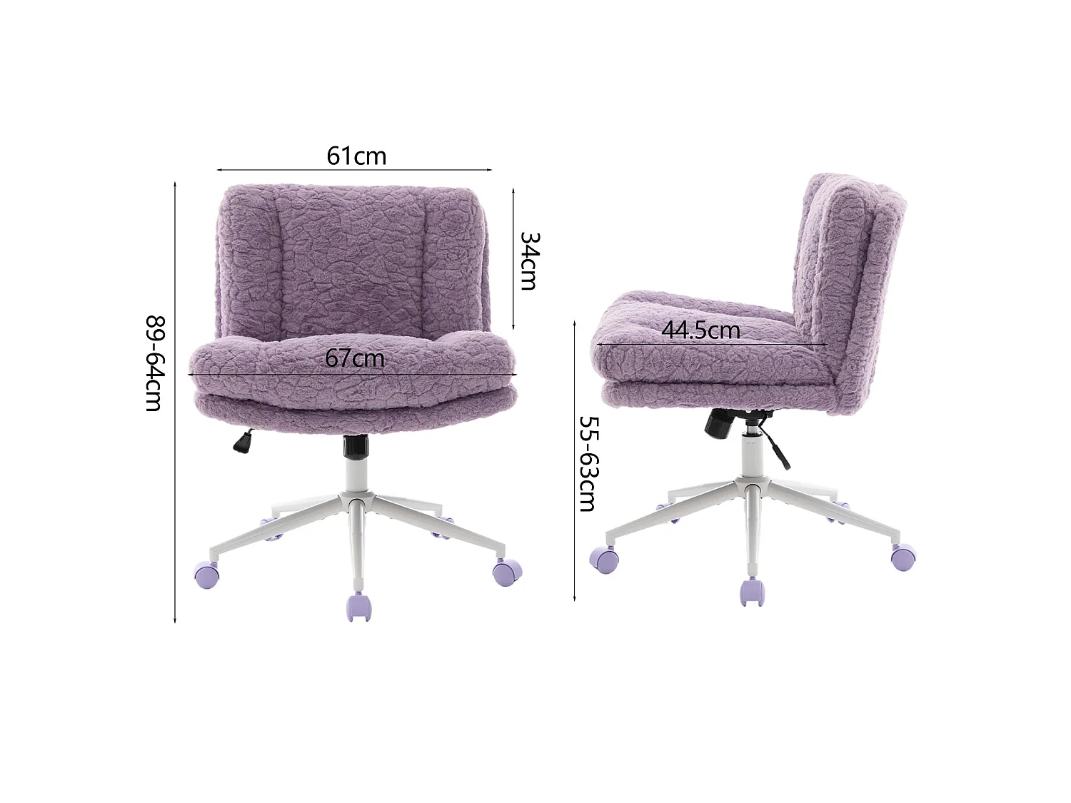 Chaise de bureau large fausse fourrure violette, pivotante et réglable, style cosy