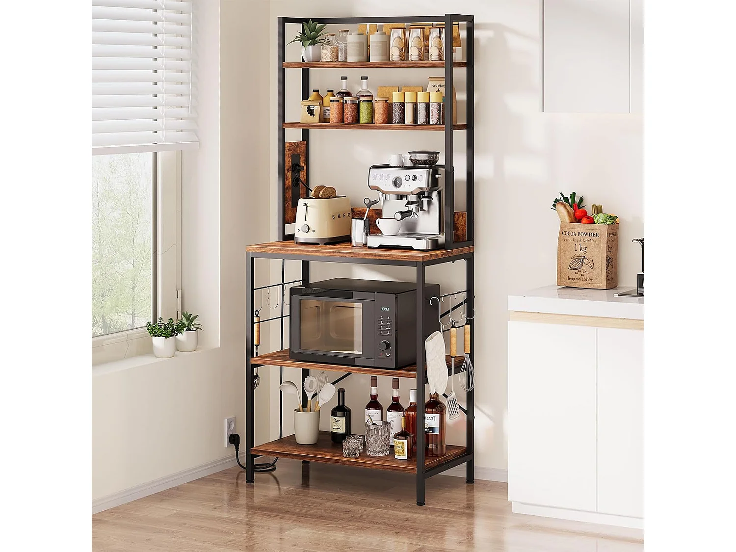 Dripex Étagère de cuisine à 5 étages avec prises, étagère de boulangerie, organisateur pour casseroles et poêles, 6 crochets en S, 70 x 40 x 165 cm, marron