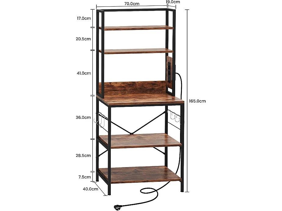 Dripex Étagère de cuisine à 5 étages avec prises, étagère de boulangerie, organisateur pour casseroles et poêles, 6 crochets en S, 70 x 40 x 165 cm, marron