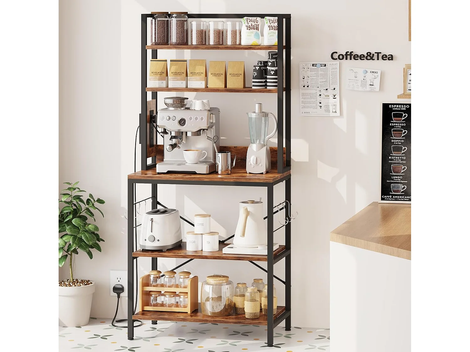 Dripex Étagère de cuisine à 5 étages avec prises, étagère de boulangerie, organisateur pour casseroles et poêles, 6 crochets en S, 70 x 40 x 165 cm, marron