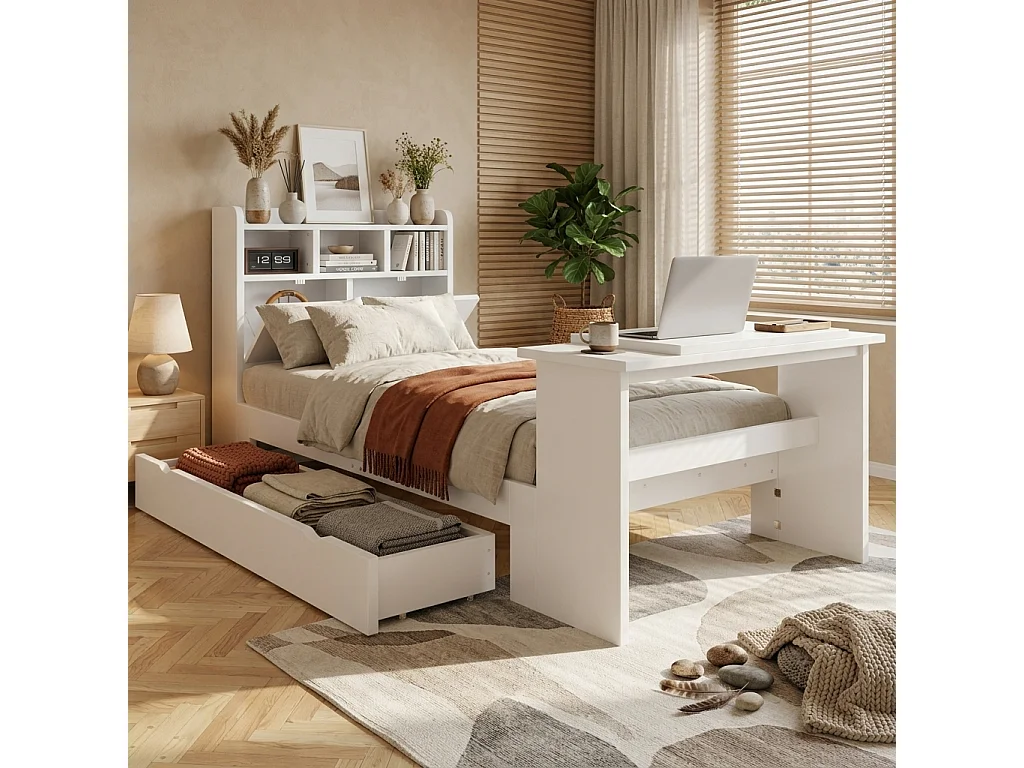 Lit 90 x 200 cm avec tiroir de rangement et table pliante réglable 12 positions – Panneaux de particules et LVL – Blanc (Sans matelas)