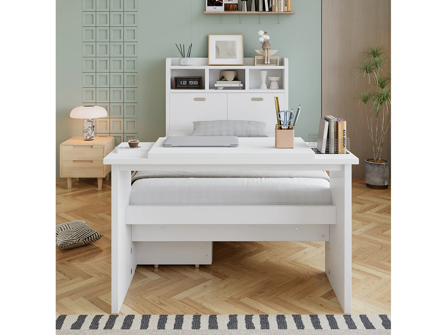 Lit 90 x 200 cm avec tiroir de rangement et table pliante réglable 12 positions – Panneaux de particules et LVL – Blanc (Sans matelas)