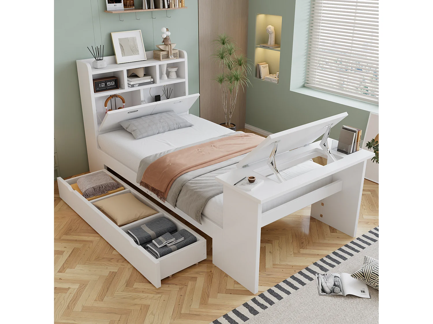 Lit 90 x 200 cm avec tiroir de rangement et table pliante réglable 12 positions – Panneaux de particules et LVL – Blanc (Sans matelas)
