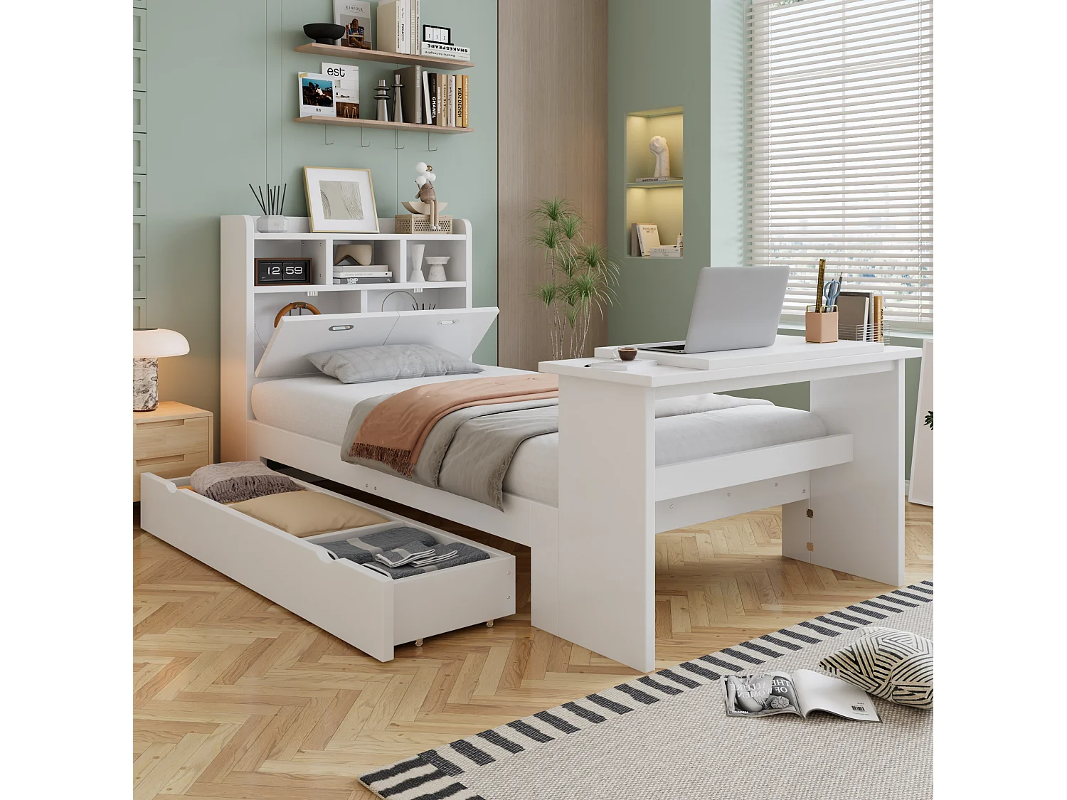 Lit 90 x 200 cm avec tiroir de rangement et table pliante réglable 12 positions – Panneaux de particules et LVL – Blanc (Sans matelas)