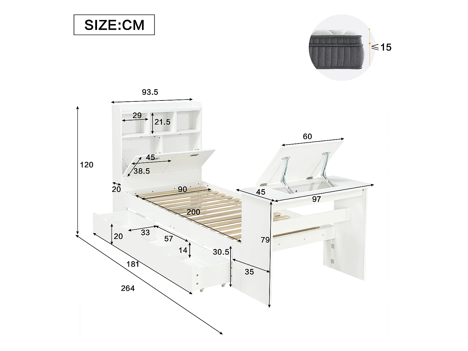 Lit 90 x 200 cm avec tiroir de rangement et table pliante réglable 12 positions – Panneaux de particules et LVL – Blanc (Sans matelas)