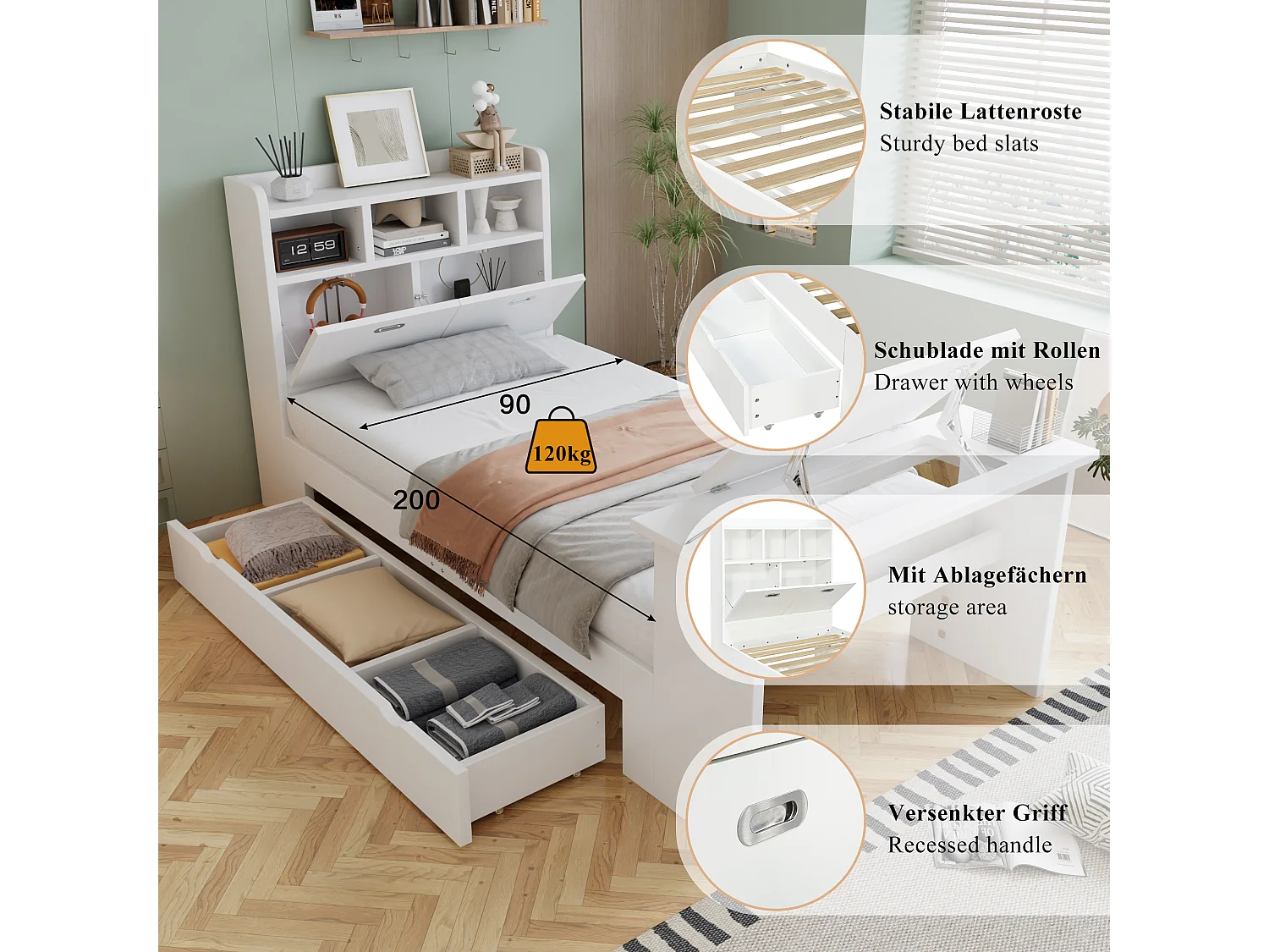 Lit 90 x 200 cm avec tiroir de rangement et table pliante réglable 12 positions – Panneaux de particules et LVL – Blanc (Sans matelas)