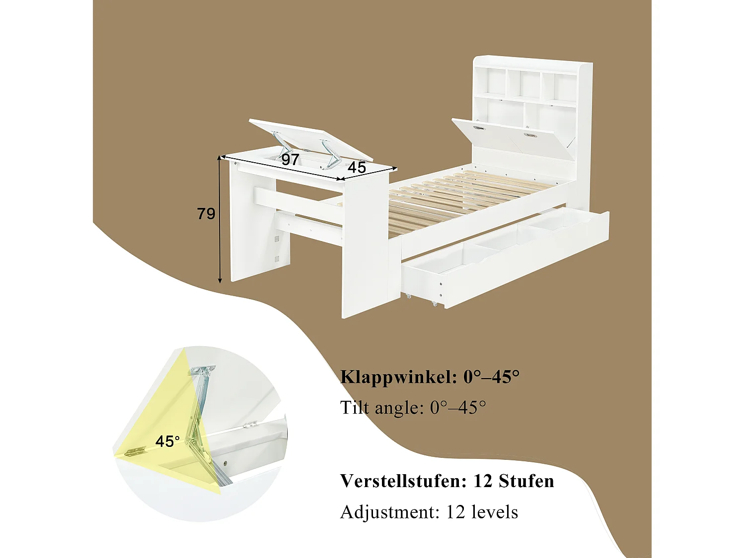 Lit 90 x 200 cm avec tiroir de rangement et table pliante réglable 12 positions – Panneaux de particules et LVL – Blanc (Sans matelas)