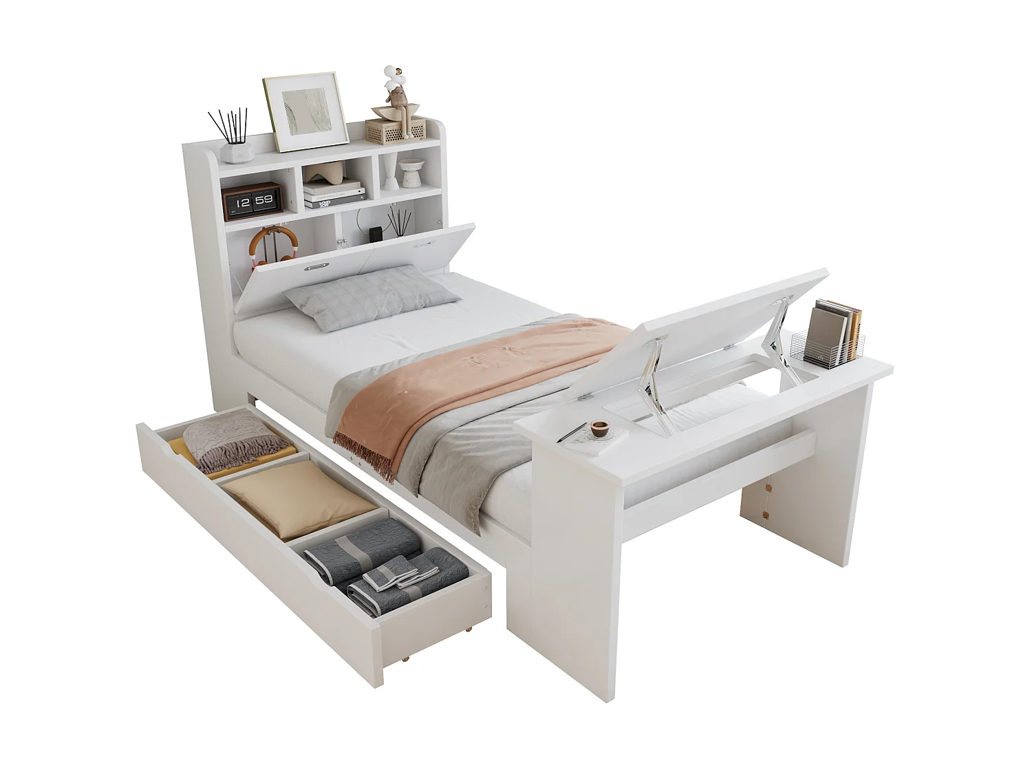 Lit 90 x 200 cm avec tiroir de rangement et table pliante réglable 12 positions – Panneaux de particules et LVL – Blanc (Sans matelas)