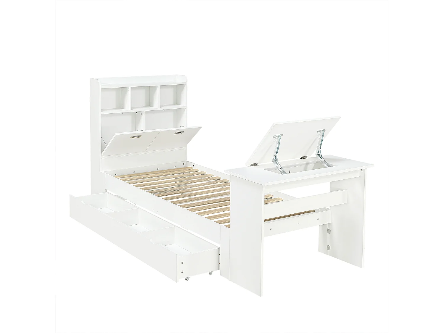 Lit 90 x 200 cm avec tiroir de rangement et table pliante réglable 12 positions – Panneaux de particules et LVL – Blanc (Sans matelas)