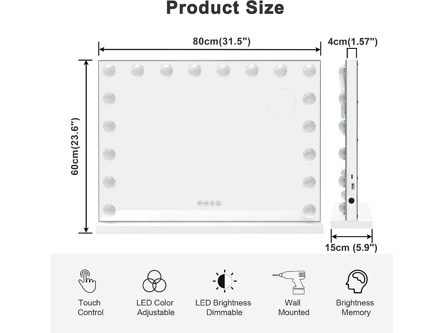 Dripex Bluetooth-make-upspiegel, 18 lampen, 80 x 60 cm - Wit, touchbediening, instelbare helderheid, luidspreker, USB- en Type-C-poorten
