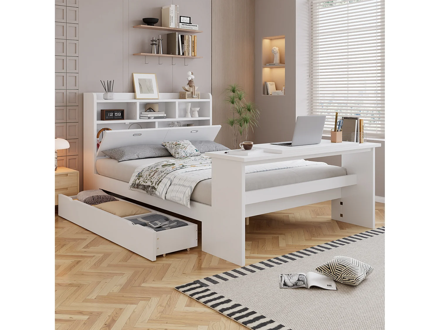 Lit 140 x 200 cm avec tiroir de rangement et table pliante réglable 12 positions – LVL, bois massif et panneaux de particules – Blanc (Sans matelas)
