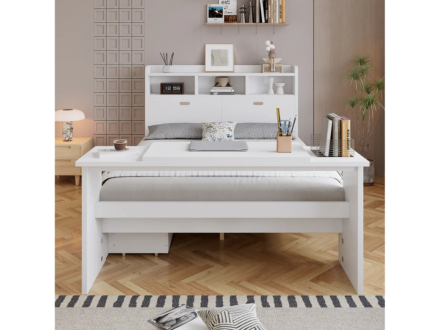 Lit 140 x 200 cm avec tiroir de rangement et table pliante réglable 12 positions – LVL, bois massif et panneaux de particules – Blanc (Sans matelas)