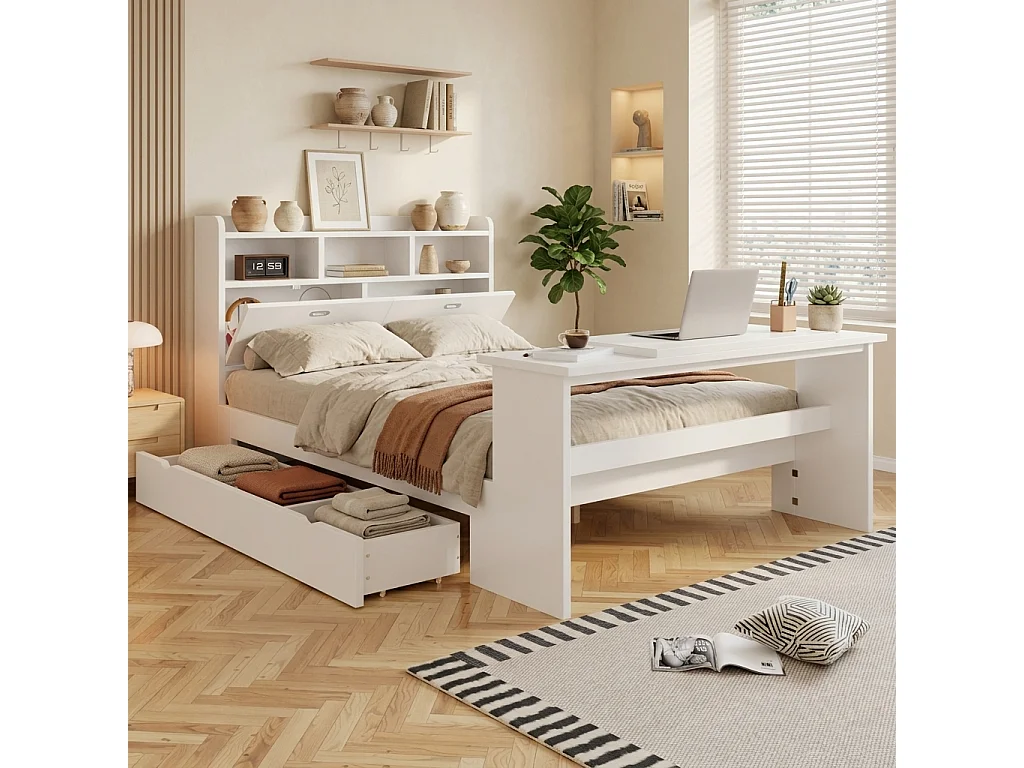 Lit 140 x 200 cm avec tiroir de rangement et table pliante réglable 12 positions – LVL, bois massif et panneaux de particules – Blanc (Sans matelas)