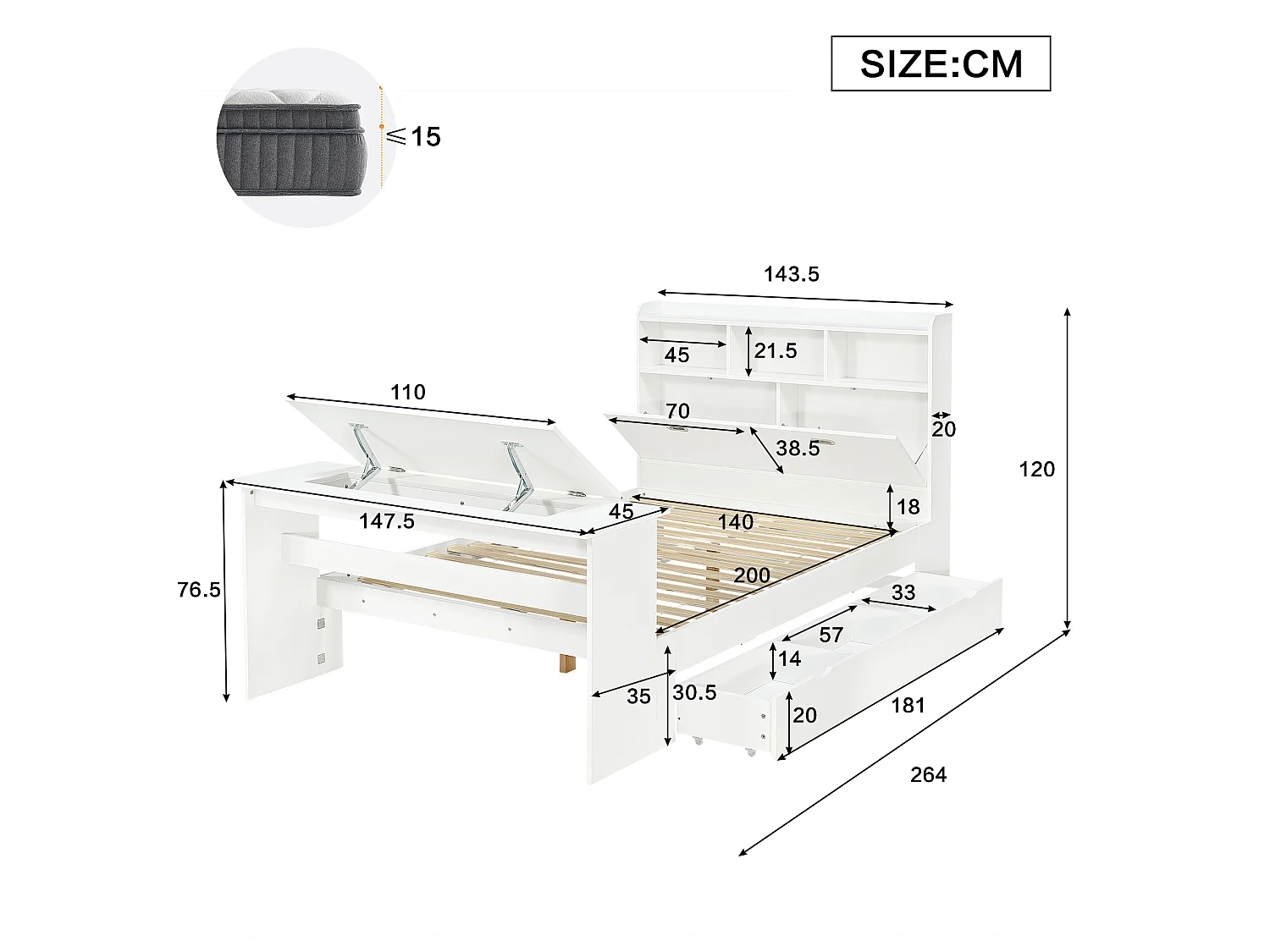 Lit 140 x 200 cm avec tiroir de rangement et table pliante réglable 12 positions – LVL, bois massif et panneaux de particules – Blanc (Sans matelas)