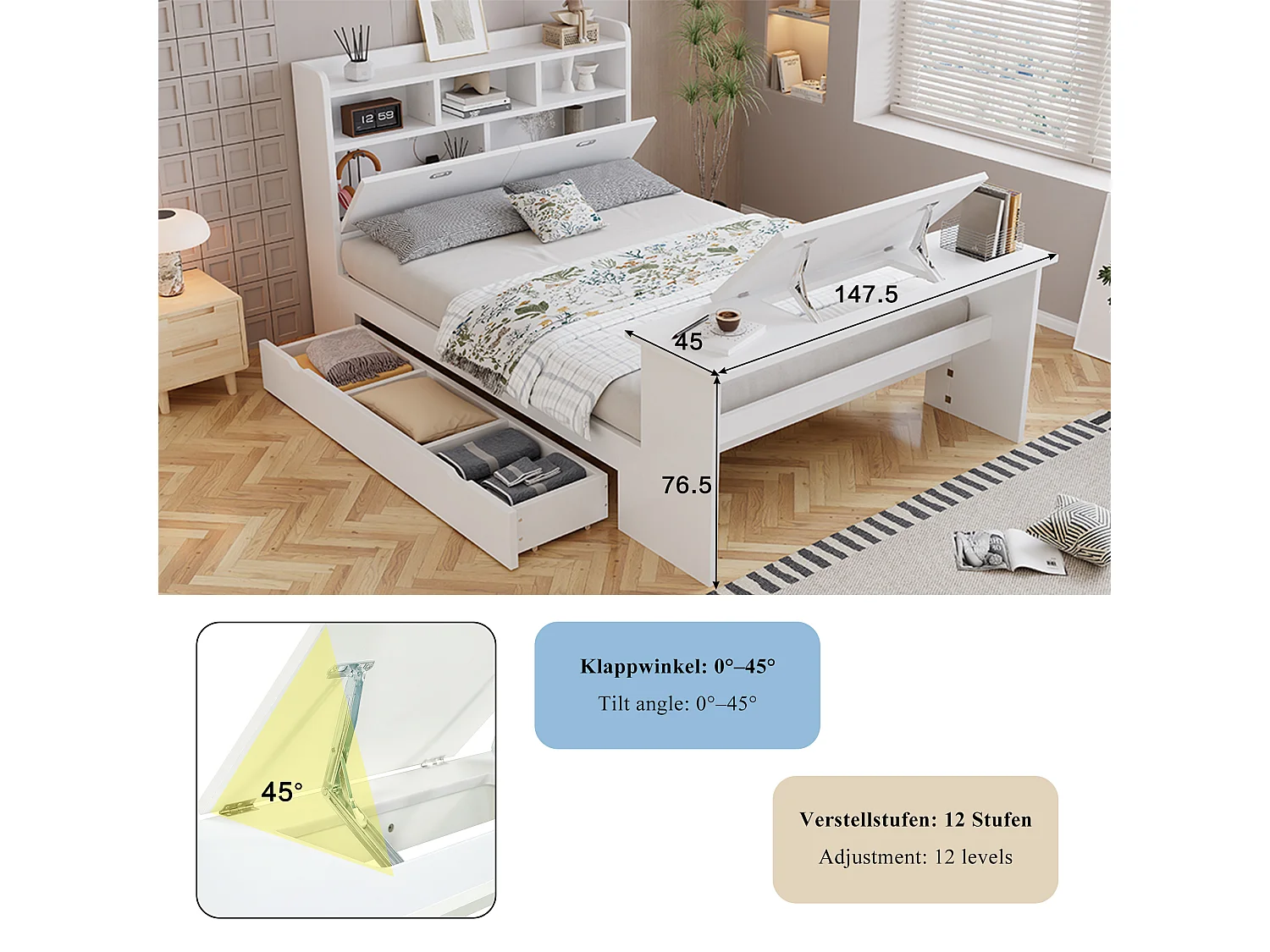 Lit 140 x 200 cm avec tiroir de rangement et table pliante réglable 12 positions – LVL, bois massif et panneaux de particules – Blanc (Sans matelas)