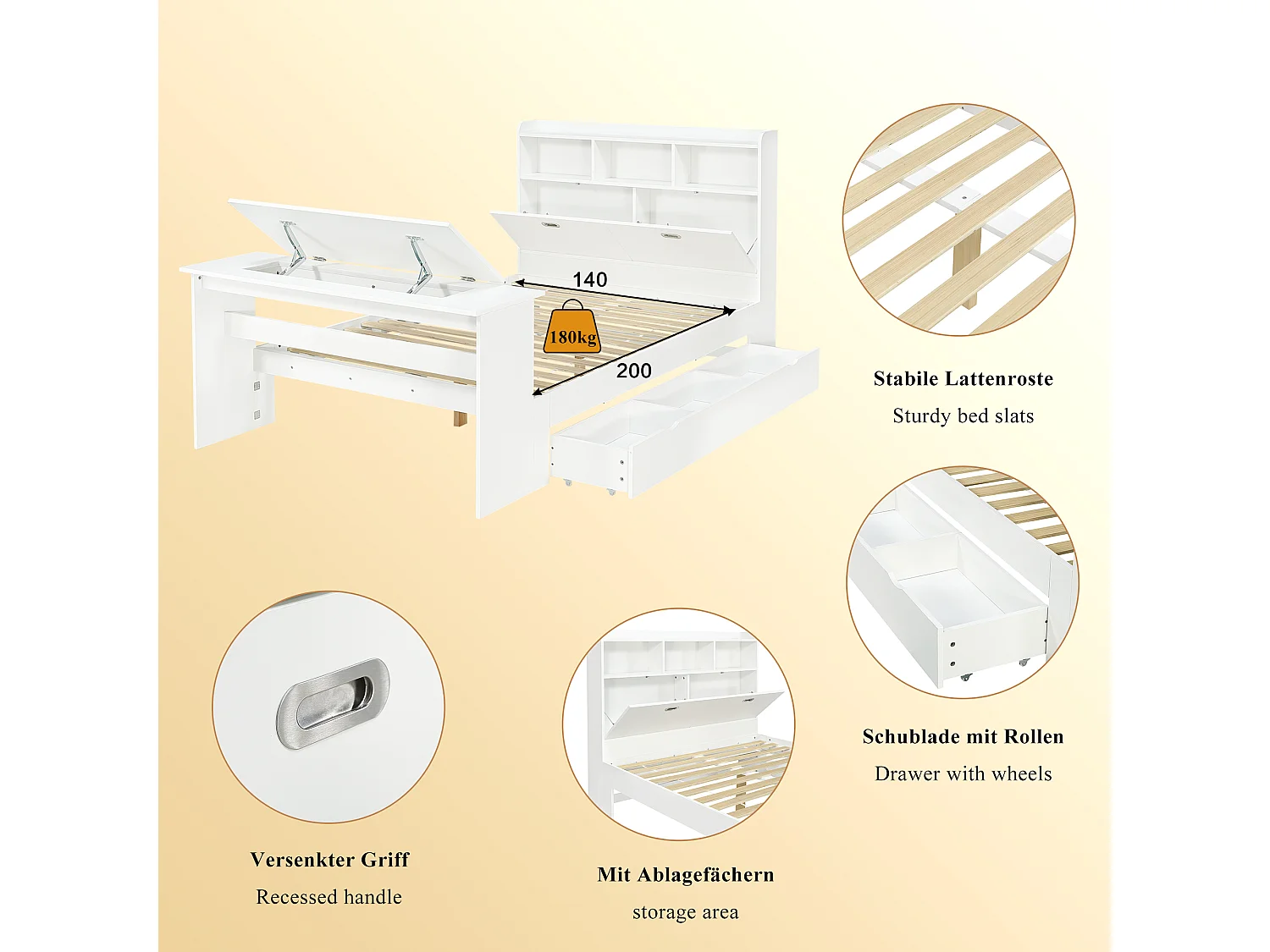 Lit 140 x 200 cm avec tiroir de rangement et table pliante réglable 12 positions – LVL, bois massif et panneaux de particules – Blanc (Sans matelas)