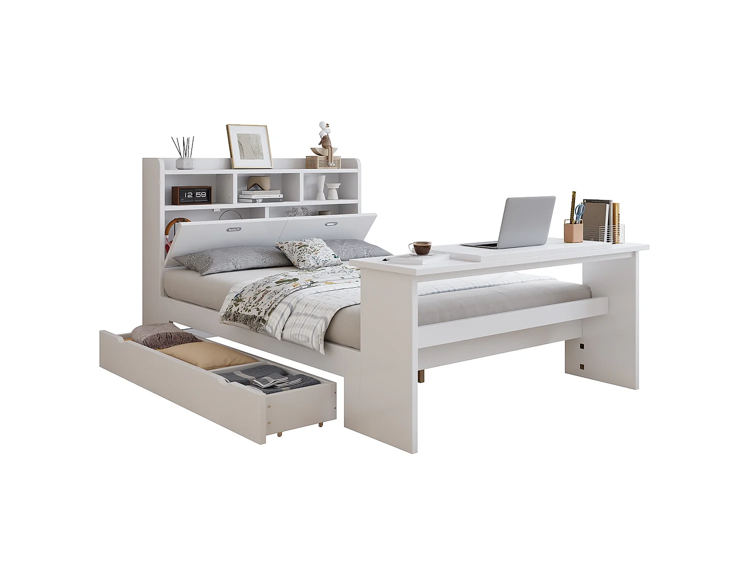 Lit 140 x 200 cm avec tiroir de rangement et table pliante réglable 12 positions – LVL, bois massif et panneaux de particules – Blanc (Sans matelas)