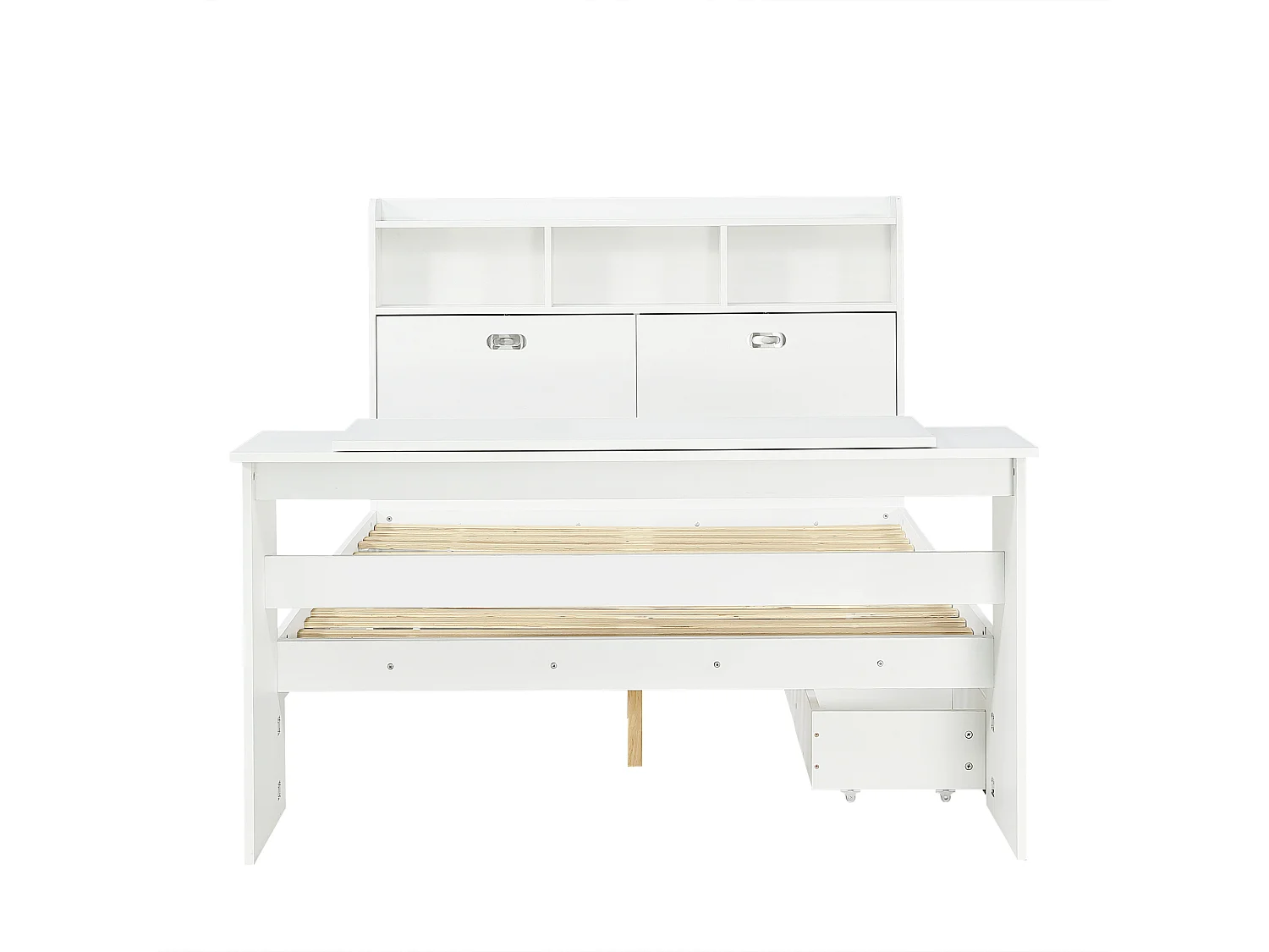 Lit 140 x 200 cm avec tiroir de rangement et table pliante réglable 12 positions – LVL, bois massif et panneaux de particules – Blanc (Sans matelas)