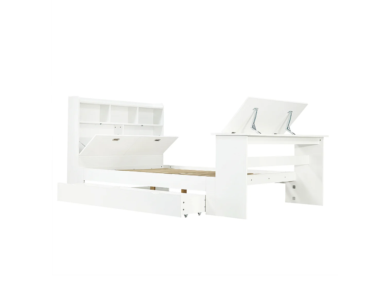 Lit 140 x 200 cm avec tiroir de rangement et table pliante réglable 12 positions – LVL, bois massif et panneaux de particules – Blanc (Sans matelas)