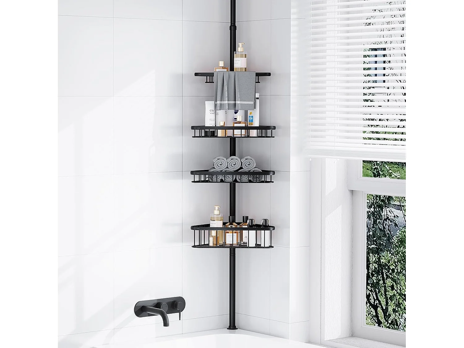 Étagère de douche télescopique sans perçage, avec 4 paniers, étagère d'angle pour douche et baignoire, réglable en hauteur de 98 cm à 287 cm, noire