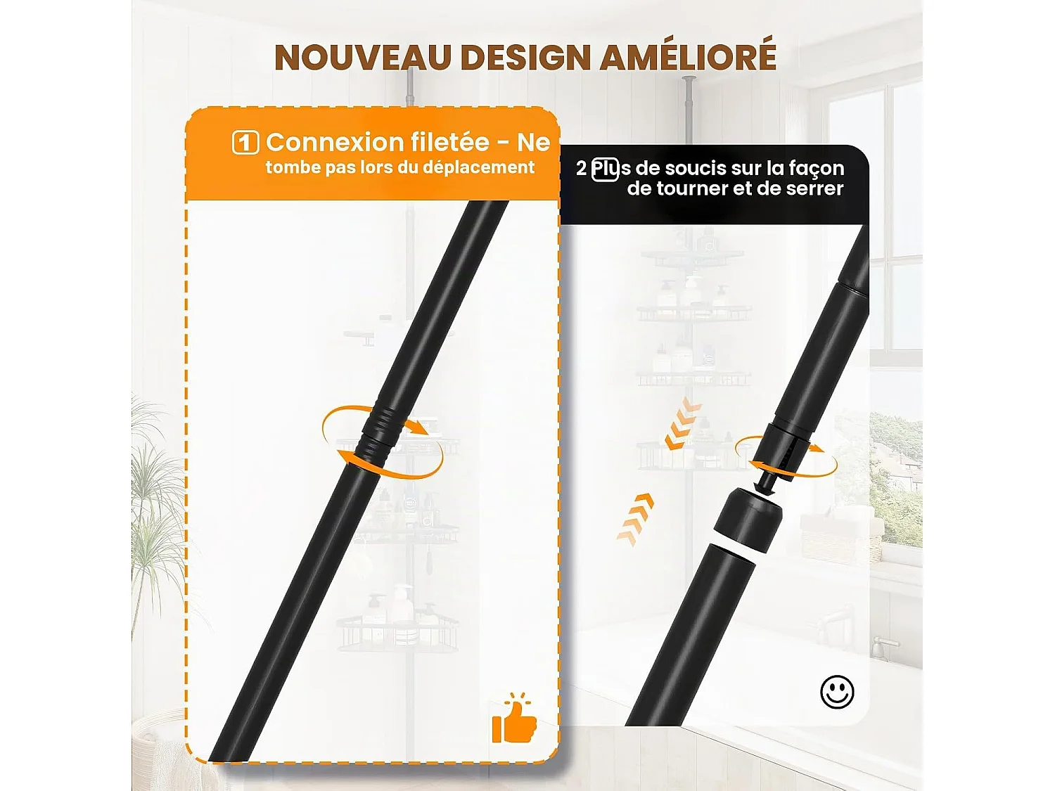 Étagère de douche télescopique sans perçage, avec 4 paniers, étagère d'angle pour douche et baignoire, réglable en hauteur de 98 cm à 287 cm, noire