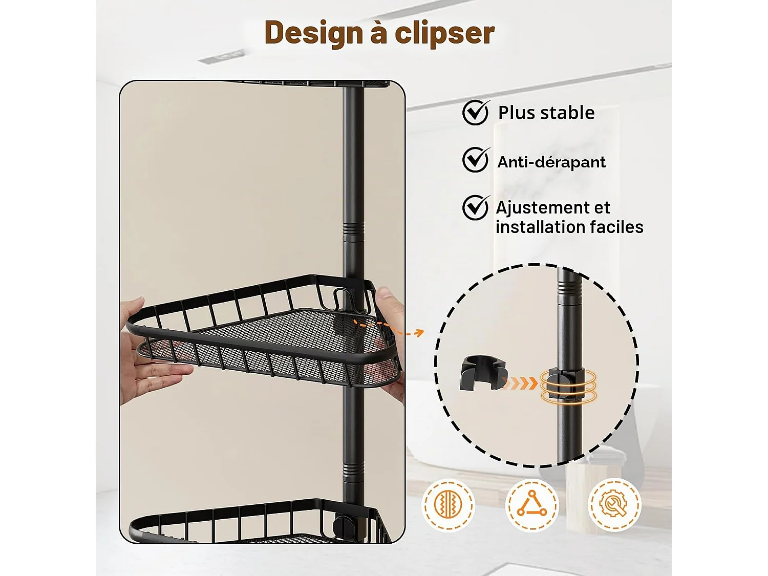 Étagère de douche télescopique sans perçage, avec 4 paniers, étagère d'angle pour douche et baignoire, réglable en hauteur de 98 cm à 287 cm, noire
