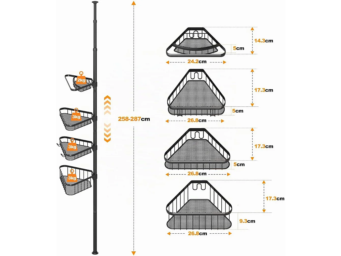 Étagère de douche télescopique sans perçage, avec 4 paniers, étagère d'angle pour douche et baignoire, réglable en hauteur de 98 cm à 287 cm, noire