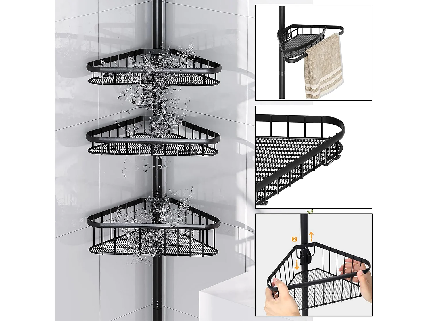 Étagère de douche télescopique sans perçage, avec 4 paniers, étagère d'angle pour douche et baignoire, réglable en hauteur de 98 cm à 287 cm, noire