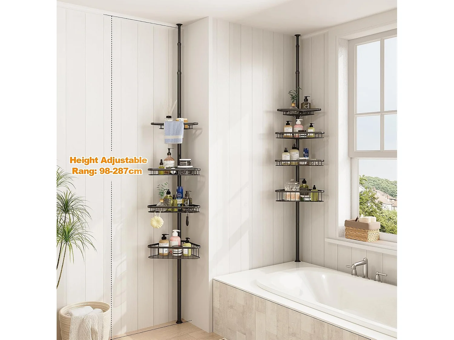 Étagère de douche télescopique sans perçage, avec 4 paniers, étagère d'angle pour douche et baignoire, réglable en hauteur de 98 cm à 287 cm, noire