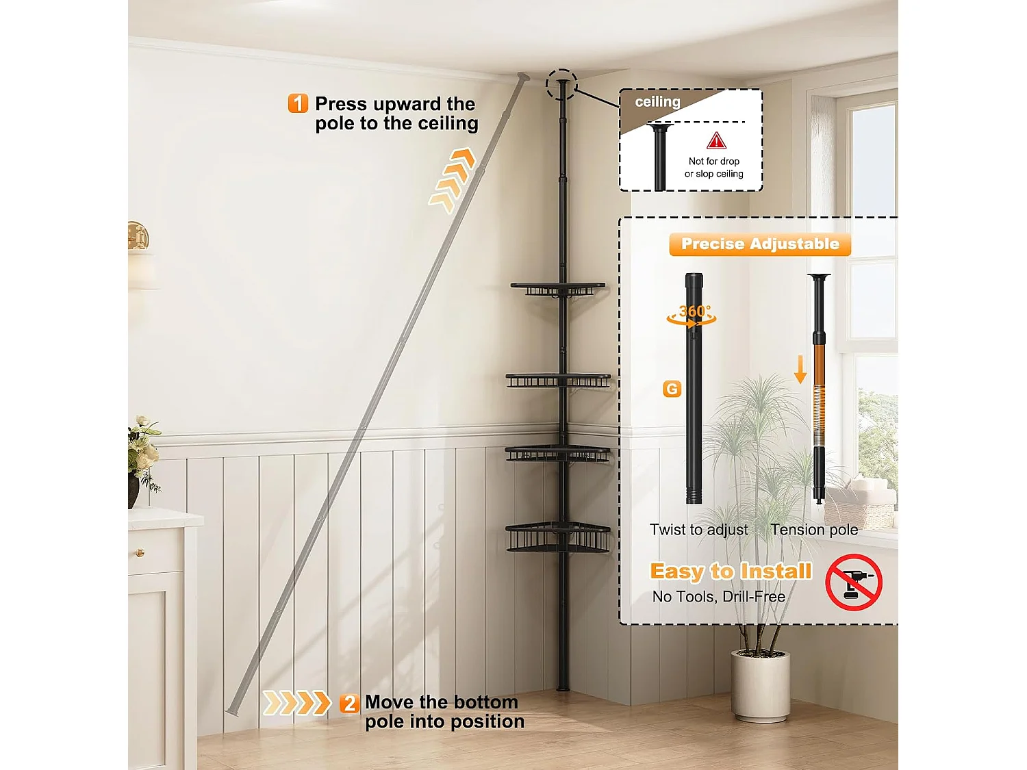 Étagère de douche télescopique sans perçage, avec 4 paniers, étagère d'angle pour douche et baignoire, réglable en hauteur de 98 cm à 287 cm, noire